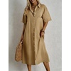 image:imagechouyatou Womens Summer Cotton Linen Shirt Dress Short Sleeve Casual Loose Tunic Dress Boho Beach Midi Long DressKhaki