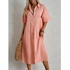 image:imagechouyatou Womens Summer Cotton Linen Shirt Dress Short Sleeve Casual Loose Tunic Dress Boho Beach Midi Long DressPink