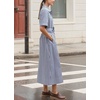 image:imagechouyatou Womens Summer Short Sleeve Striped Shirt Dress Casual Loose Belted Cotton Midi Long DressBlue