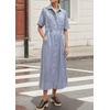 image:imagechouyatou Womens Summer Short Sleeve Striped Shirt Dress Casual Loose Belted Cotton Midi Long DressBlue