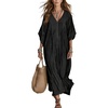 image:imagechouyatou Womens Boho Striped Loose Shift Maxi Dress Short Sleeve Beach Cover Up Caftan Long Dress with Side SlitBlack