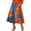 image:imagechouyatou Womens Floral Printed A Line Flared Denim Skirt Flowy Color Block Midi Jean Skirt with PocketsBlue Orange