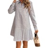 image:imagechouyatou Womens Long Sleeve Lapel Striped Polo Shirt Dress Pleated Flare Midi Cotton Skater DressBrown