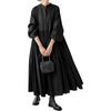 image:imagechouyatou Womens Loose Bishop Sleeve Maxi Shirt Dress Band Collar Cotton Button Down ALine Swing DressBlack
