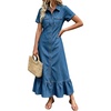 image:imagechouyatou Womens Short Sleeve Tiered Ruffle A Line Denim Shirt DressBlue