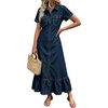 image:imagechouyatou Womens Short Sleeve Tiered Ruffle A Line Denim Shirt DressDark Blue