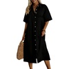 image:imagechouyatou Womens Summer Cotton Linen Shirt Dress Short Sleeve Casual Loose Tunic Dress Boho Beach Midi Long DressBlack