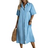 image:imagechouyatou Womens Summer Cotton Linen Shirt Dress Short Sleeve Casual Loose Tunic Dress Boho Beach Midi Long DressBlue