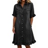 image:imagechouyatou Womens Summer Ruffled Denim Shirt Dress Short Sleeve Jean DressBlack