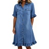image:imagechouyatou Womens Summer Ruffled Denim Shirt Dress Short Sleeve Jean DressBlue