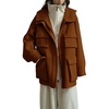 image:imagechouyatou Womens Winter Hooded Wool Coat Casual Loose Trench Pea Coat Zip Up Wool Blend Utility Safari JacketBrown