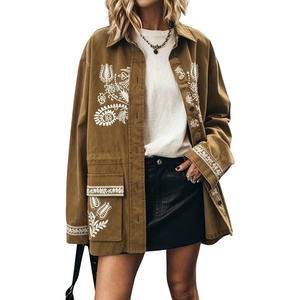 image:imagechouyatou Women Button Down Cotton Shacket Boho Floral Oversized ShirtBrown