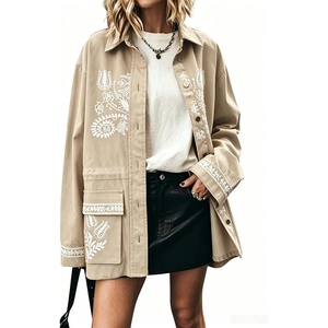 image:imagechouyatou Women Button Down Cotton Shacket Boho Floral Oversized ShirtKhaki