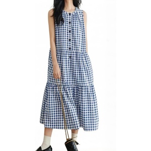 image:imagechouyatou Women Summer A Line Tiered Tank Gingham Dress Cotton Linen Sleeveless Beach Plaid Sun DressDark Blue