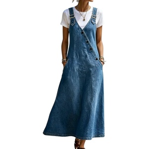 image:imagechouyatou Womens Adjustable Straps Denim Overall Dress Jean Pinafore Jumper Mid Long Dress With PocketsBlue