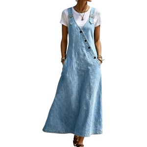 image:imagechouyatou Womens Adjustable Straps Denim Overall Dress Jean Pinafore Jumper Mid Long Dress With PocketsLight Blue