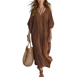 image:imagechouyatou Womens Boho Striped Loose Shift Maxi Dress Short Sleeve Beach Cover Up Caftan Long Dress with Side SlitCoffee