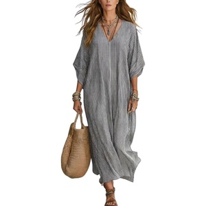 image:imagechouyatou Womens Boho Striped Loose Shift Maxi Dress Short Sleeve Beach Cover Up Caftan Long Dress with Side SlitGray