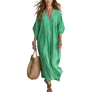 image:imagechouyatou Womens Boho Striped Loose Shift Maxi Dress Short Sleeve Beach Cover Up Caftan Long Dress with Side SlitGreen