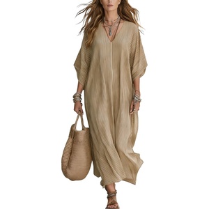 image:imagechouyatou Womens Boho Striped Loose Shift Maxi Dress Short Sleeve Beach Cover Up Caftan Long Dress with Side SlitKhaki
