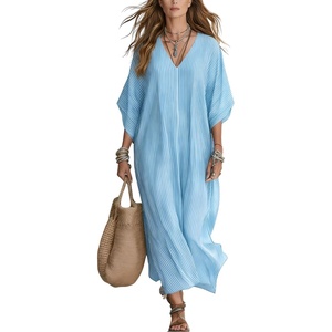 image:imagechouyatou Womens Boho Striped Loose Shift Maxi Dress Short Sleeve Beach Cover Up Caftan Long Dress with Side SlitLight Blue