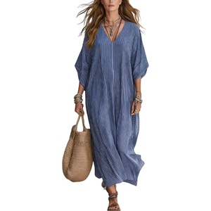 image:imagechouyatou Womens Boho Striped Loose Shift Maxi Dress Short Sleeve Beach Cover Up Caftan Long Dress with Side SlitNavy