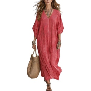 image:imagechouyatou Womens Boho Striped Loose Shift Maxi Dress Short Sleeve Beach Cover Up Caftan Long Dress with Side SlitRed