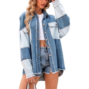 image:imagechouyatou Womens Color Block Jean Denim Shacket Button Down Shirt CoatBlue