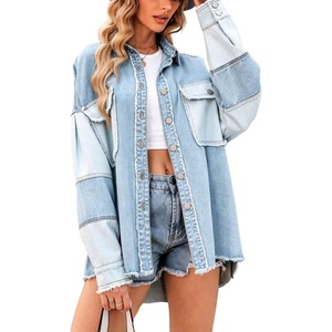 image:imagechouyatou Womens Color Block Jean Denim Shacket Button Down Shirt CoatLight Blue