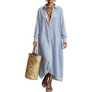 image:imagechouyatou Womens Cotton Striped Dress Button Down Loose Maxi Shirt DressBlue