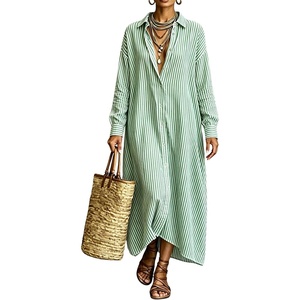 image:imagechouyatou Womens Cotton Striped Dress Button Down Loose Maxi Shirt DressGreen