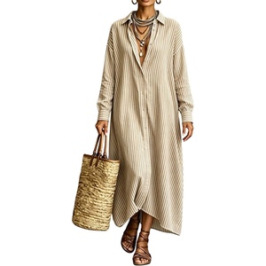 image:imagechouyatou Womens Cotton Striped Dress Button Down Loose Maxi Shirt DressKhaki