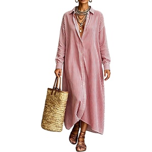 image:imagechouyatou Womens Cotton Striped Dress Button Down Loose Maxi Shirt DressRed