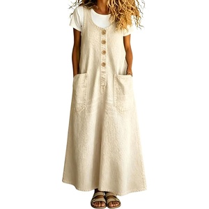 image:imagechouyatou Womens Denim Suspender Overall Dress Button Front Bib Long DressBeige