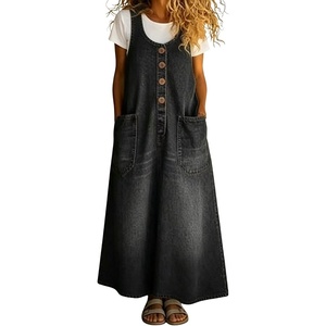 image:imagechouyatou Womens Denim Suspender Overall Dress Button Front Bib Long DressBlack