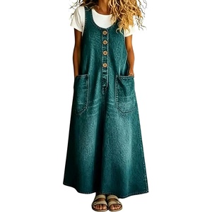 image:imagechouyatou Womens Denim Suspender Overall Dress Button Front Bib Long DressVintage Blue