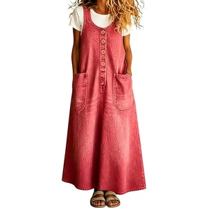 image:imagechouyatou Womens Denim Suspender Overall Dress Button Front Bib Long DressWatermelon Red