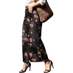 image:imagechouyatou Womens Floral Boho Denim Skirt Front Slit Long Jean SkirtPink Black