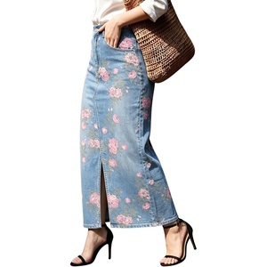 image:imagechouyatou Womens Floral Boho Denim Skirt Front Slit Long Jean SkirtPink Light Blue