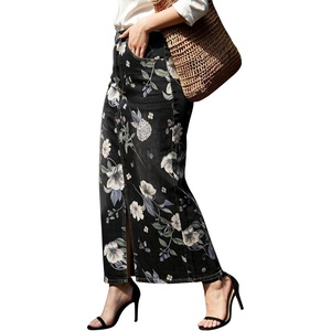 image:imagechouyatou Womens Floral Boho Denim Skirt Front Slit Long Jean SkirtWhite Black