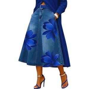 image:imagechouyatou Womens Floral Printed A Line Flared Denim Skirt Flowy Color Block Midi Jean Skirt with PocketsBlue