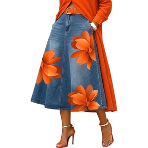 image:imagechouyatou Womens Floral Printed A Line Flared Denim Skirt Flowy Color Block Midi Jean Skirt with PocketsBlue Orange