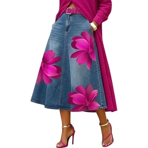 image:imagechouyatou Womens Floral Printed A Line Flared Denim Skirt Flowy Color Block Midi Jean Skirt with PocketsBlue Pink