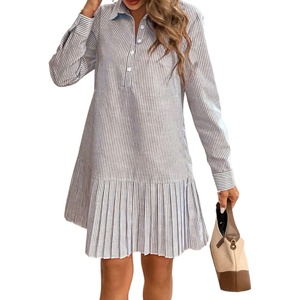 image:imagechouyatou Womens Long Sleeve Lapel Striped Polo Shirt Dress Pleated Flare Midi Cotton Skater DressBrown