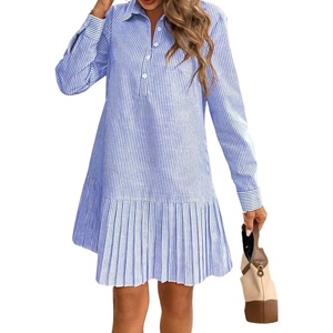 image:imagechouyatou Womens Long Sleeve Lapel Striped Polo Shirt Dress Pleated Flare Midi Cotton Skater DressDark Blue