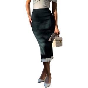image:imagechouyatou Womens Sexy Stretchy Bodycon Ribbed Knit Skirt Package Hip Color Block Mermaid Ruffle Midi Long SkirtBlackish Green