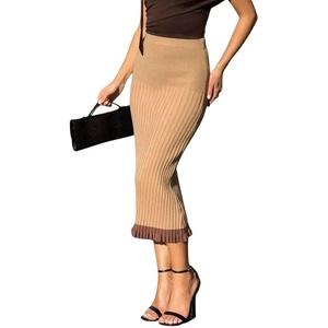 image:imagechouyatou Womens Sexy Stretchy Bodycon Ribbed Knit Skirt Package Hip Color Block Mermaid Ruffle Midi Long SkirtKhaki