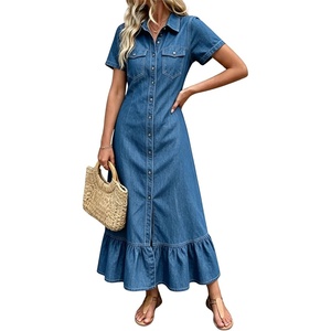 image:imagechouyatou Womens Short Sleeve Tiered Ruffle A Line Denim Shirt DressBlue