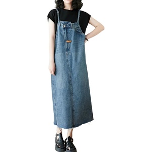 image:imagechouyatou Womens Sleeveless Denim Overall Dress Loose Baggy Pinafore Midi Jean DressBlue