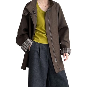 image:imagechouyatou Womens Stand Collar Wool Barn Jacket Vintage Plaid Trench Coat Zip Up Wool Blend Peacoat with PocketsCoffee Brown